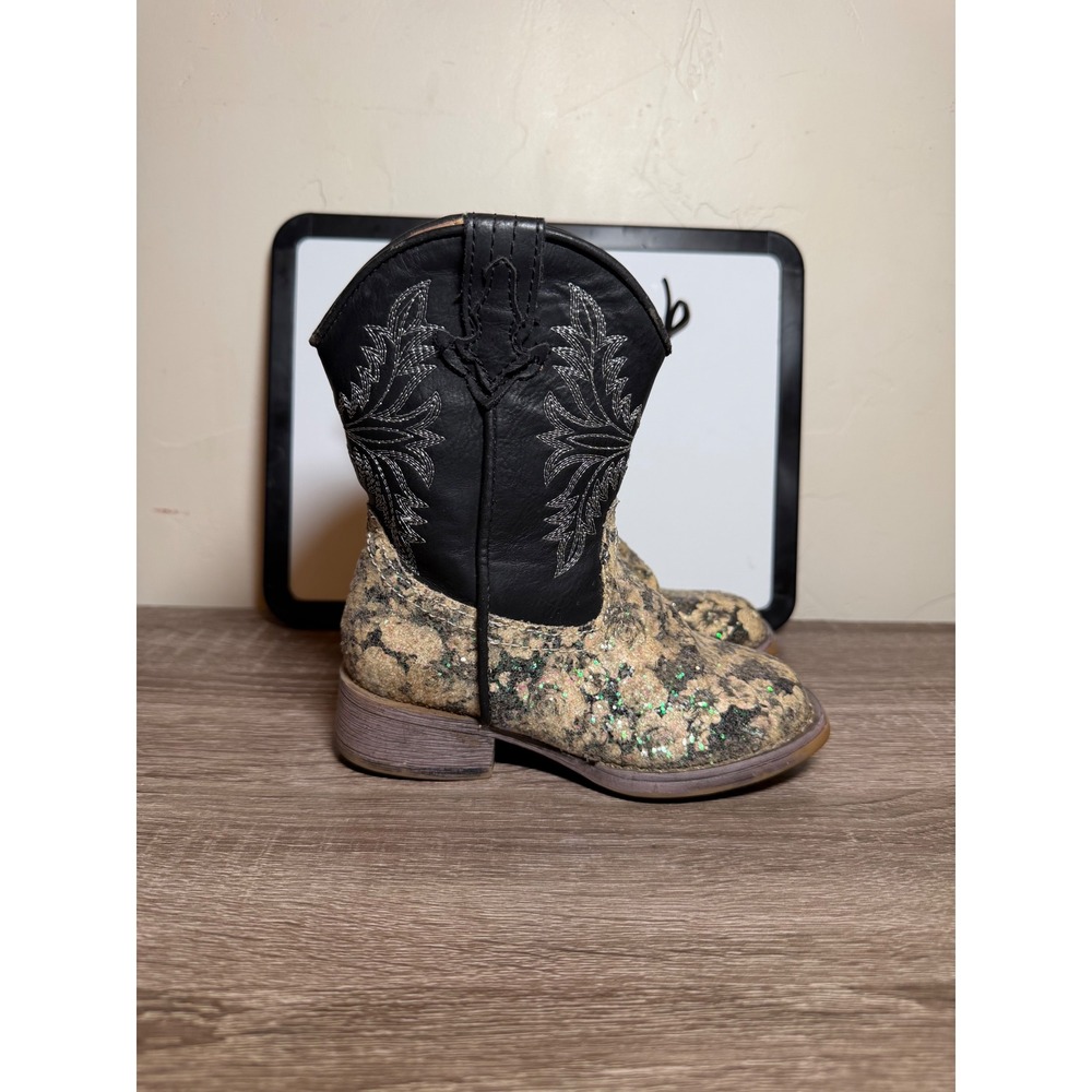 Roper Boots Western Glitter Floral Black Gold Toddler Size 7
